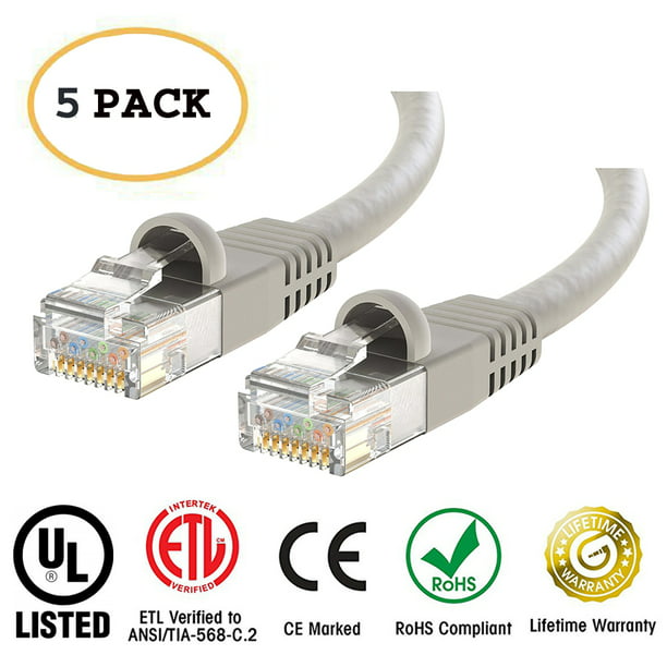 Pack of 5 foot gray snagless Cat6 Cat 6 ethernet cord patch cables 5 